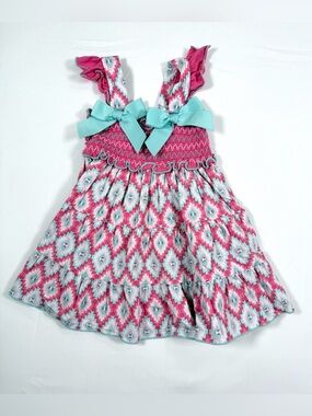 SOPHIE ROSE Girls Smocked Bow Tiered Dress Size 12M Pink Aqua Aztec Boutique
